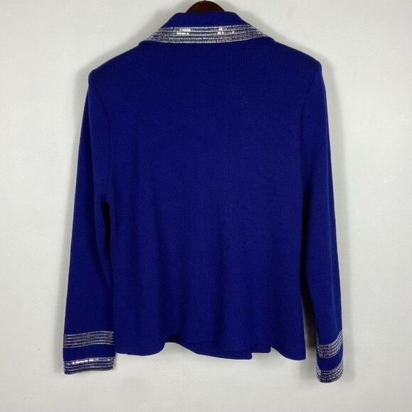 St. John Sz 14 Royal Blue Santana Knit Silver Paillette Rhinestone Blazer Jacket - Picture 6 of 9